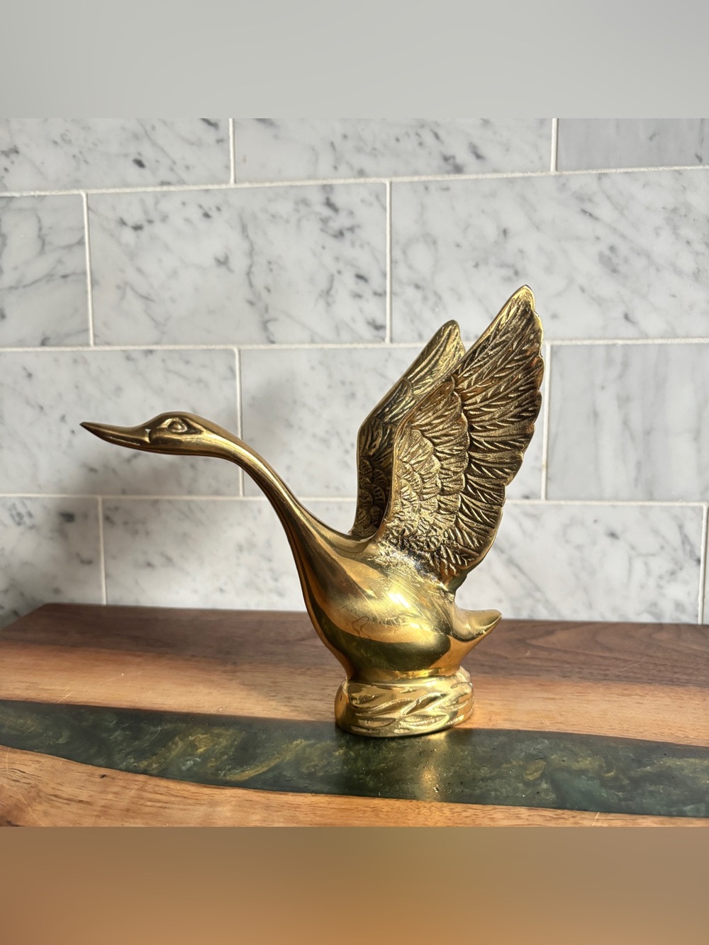 Vintage Mid Century 5.5” Brass Flying Swan Bird in Flight Figurine